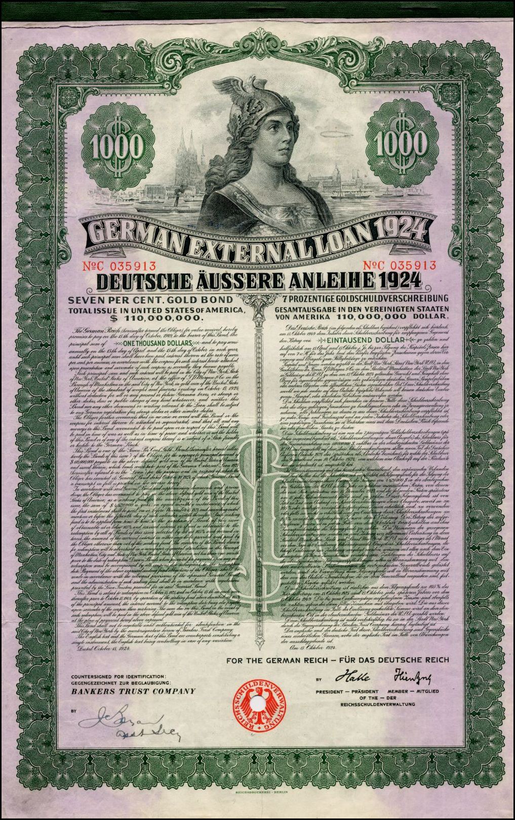 Deutsches Außenanleihe-Zertifikat aus dem Jahr 1924 mit einem Porträt einer Frau, mit gedrucktem Text und numerischen Denominationen auf altem Papier.
