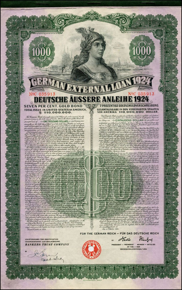 Deutsches Außenanleihe-Zertifikat aus dem Jahr 1924 mit einem Porträt einer Frau, mit gedrucktem Text und numerischen Denominationen auf altem Papier.