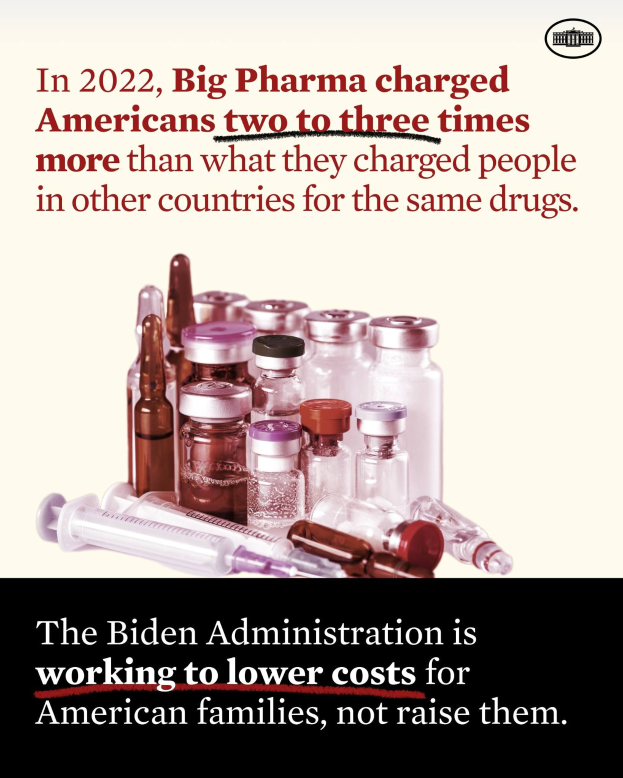 Plakat, das zeigt, dass Big Pharma Amerikaner im Jahr 2022 zwei bis drei Mal so viel für dieselben Medikamente berechnet hat wie andere Länder, mit Bildern von Medikamentenflaschen und einer Spritze darunter.