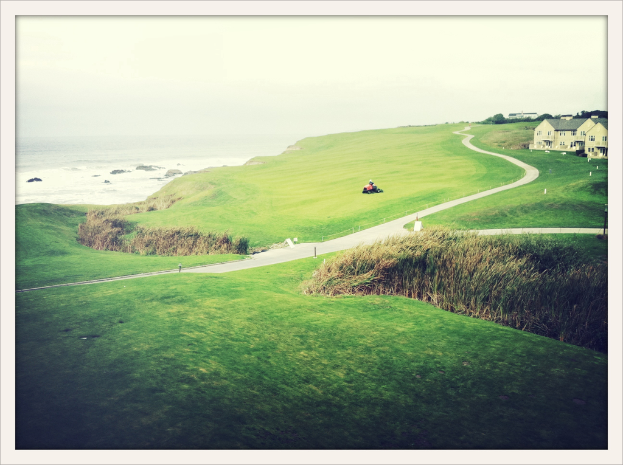 Eine Landschaften-Szene mit Unkraut und Feldern im Vordergrund, einem Traktor und einem Weg in der Mitte, Häusern und Bäumen oben rechts, Wasser oben links und einem bewölkten Himmel.