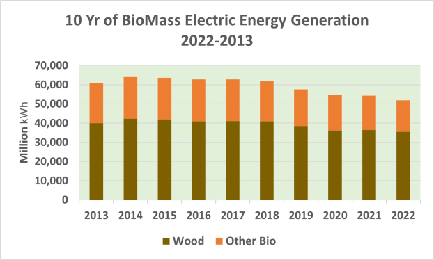 Eine Liniengrafik, die die Stromerzeugung aus Biomasse von 2013 bis 2022 zeigt, mit begleitendem Text.
