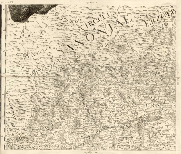 Ein altes Saxony-Karte von Deutschland, das geografische Merkmale wie Flüsse, Berge und Städte zeigt, mit begleitendem Text, der regionale Informationen liefert.