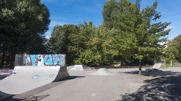 Skate-Anlage mit Rampen voller Graffiti, umgeben von Bäumen und Gebäuden unter einem bewölkten Himmel.