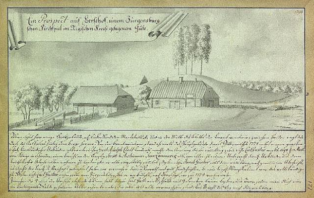 Schwarz-weiß-Zeichnung eines Hofes in Surgensburg, Deutschland, mit Häusern, Bäumen und Himmel, beschriftet mit "Surgensburg, Deutschland - Landschaft eines Hofes" auf altem Papier.