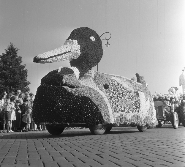 Schwarzes und weißes Foto eines Paradewagens in Form einer Ente, geschmückt mit Blumen, mit Menschen zu seiner Linken, Bäumen und einem klaren Himmel im Hintergrund.