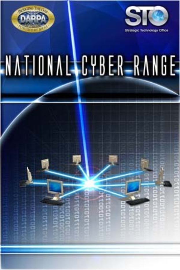 National Cyber Range Plakat mit fetter weißer Schrift auf blauem Hintergrund und einer Weltkugel, die mit mehreren Computern verbunden ist.