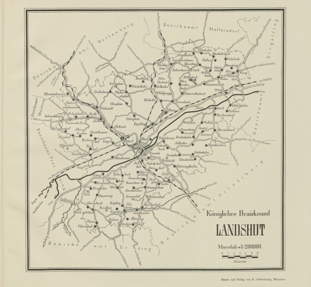 Ein altes Stadtplan von Landshut, Deutschland, zeigt Stra├čen und Autobahnen in Schwarz.