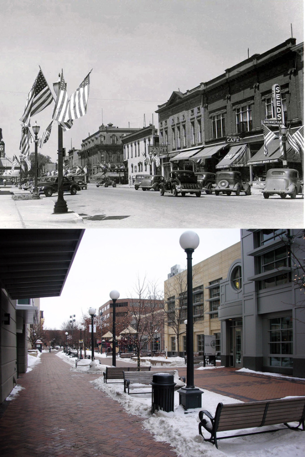 Ein Collage-Bild mit winterlicher Szenerie, Schnee, Bäumen, Laternen, Fahnen, einer Tafel, Gebäuden, Fahrzeugen, Bänken und einem Mülleimer.