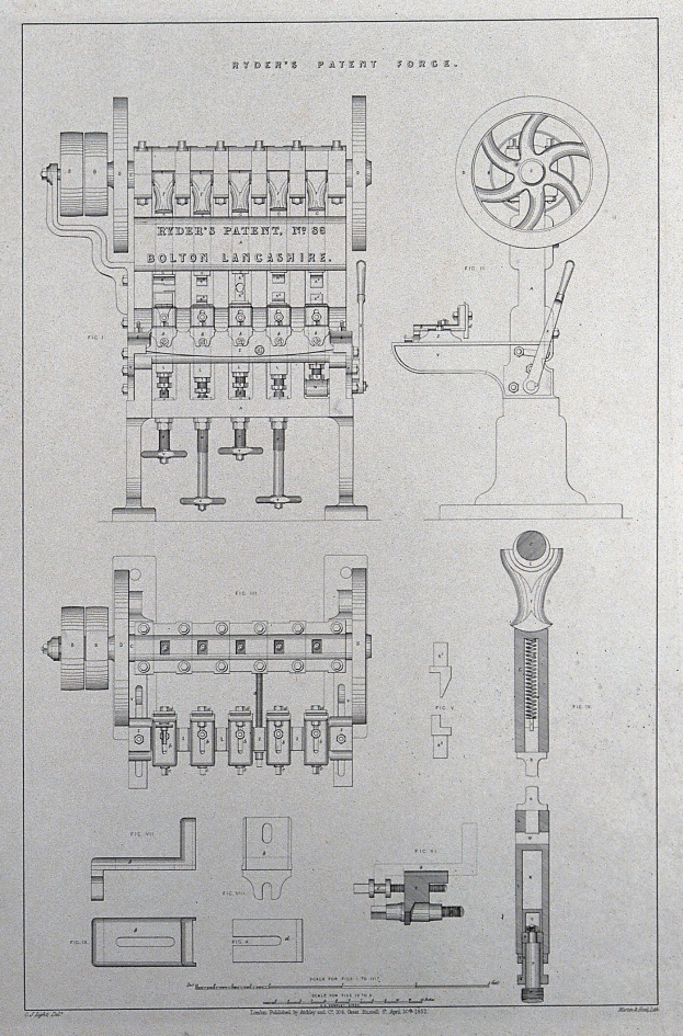 Eine detaillierte Zeichnung einer hydraulischen Pressmaschine mit einem prominenten Radmechanismus, begleitet von erklärendem Text auf altem Papier.