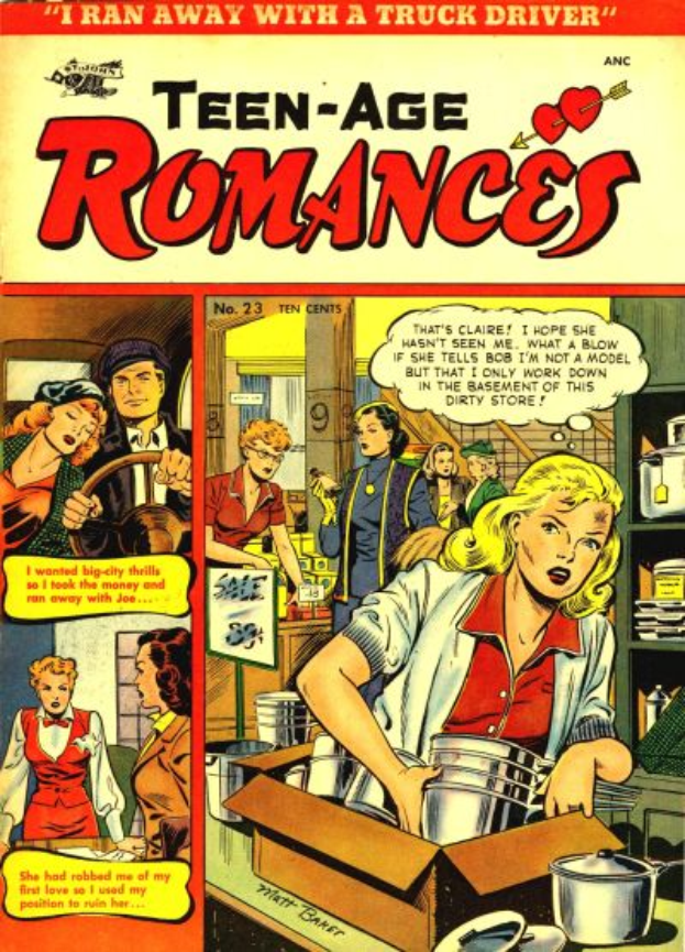 Ein Plakat, das eine Gruppe von Menschen in einer romantischen Umarmung zeigt, mit dem Text "Teen-Age Romances 23-A by DC" in großer Schrift darüber