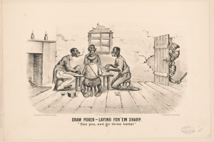 Eine Gruppe von Menschen, die um einen Tisch Poker spielen, mit einer Wand, einem Fenster, einer Tür und verschiedenen Gegenständen im Hintergrund. Unten auf dem Bild steht der Text "Draw Poker - Laying for 'em Sharp".