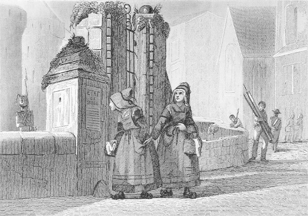 Schwarze und weiße Gravur von zwei Frauen, die vor einem Gebäude mit ein paar anderen Menschen im Hintergrund stehen, betitelt mit "Victorian Women in the City of London".