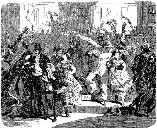 Schwarze und weiße Zeichnung von Menschen, die draußen vor einem Gebäude tanzen, einige tragen Hüte, mit dem Text "Victorian New Year's Eve" unten.