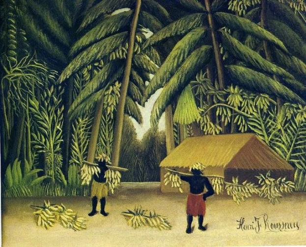 Gemälde mit dem Titel "Bananen-Ernte" von Henri Rousseau, das zwei Männer zeigt, die Bananenbündel vor einer Hütte mit Bäumen und einem klaren blauen Himmel tragen.