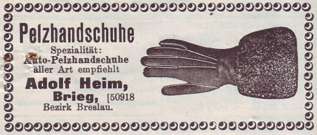 Alte deutsche Visitenkarte mit einer Abbildung von einem Paar Handschuhe und gedrucktem Text.