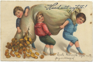 Alte Postkarte mit drei Kindern, die einen Beutel voller Goldmünzen tragen und vor einem Haufen Münzen stehen, mit Text auf der Postkarte.
