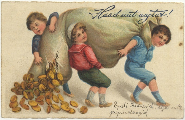 Alte Postkarte mit drei Kindern, die einen Beutel voller Goldmünzen tragen und vor einem Haufen Münzen stehen, mit Text auf der Postkarte.