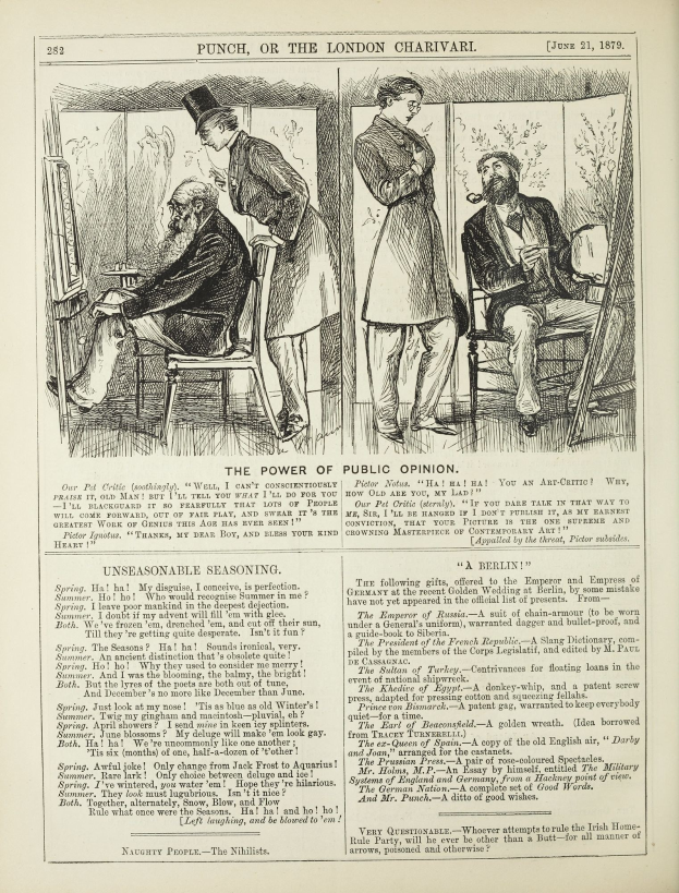 Eine Schwarz-Weiß-Illustration einer alten Buchseite mit einem Mann im Anzug, der in einem Stuhl sitzt und einen ernsthaften Gesichtsausdruck hat, sowie einer Frau, die neben ihm steht und nachdenklich aussieht, mit dem Text "Die Macht der öffentlichen Meinung" sichtbar.