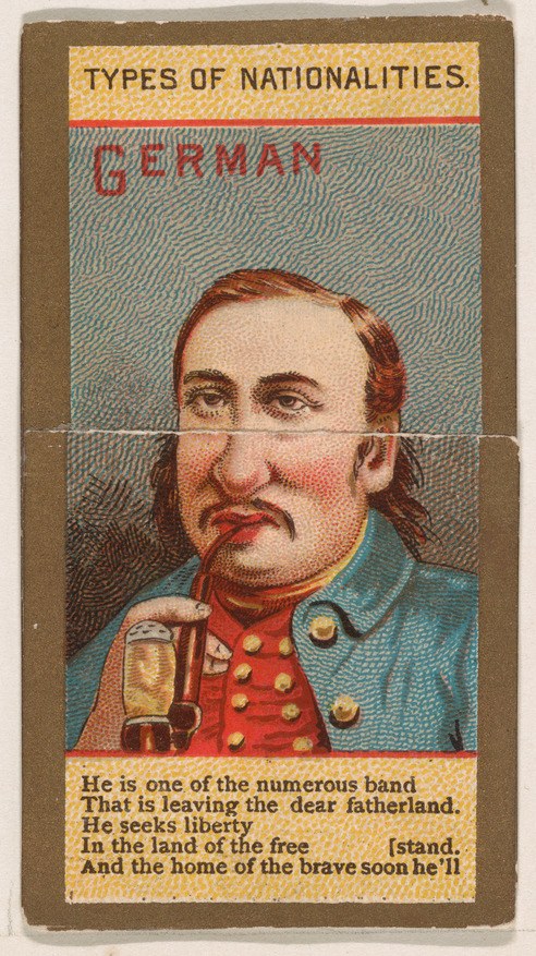 Ein Plakat eines Mannes in deutscher Militäruniform mit einem Glas Bier in der Hand, mit dem Text "Deutscher".
