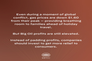 Ein brauner Hintergrund mit einer Aussage, dass die Gaspreise um $1.60 gesunken sind und Familien vor den Feiertagen eine Erleichterung bringen, während ein globaler Konflikt herrscht.