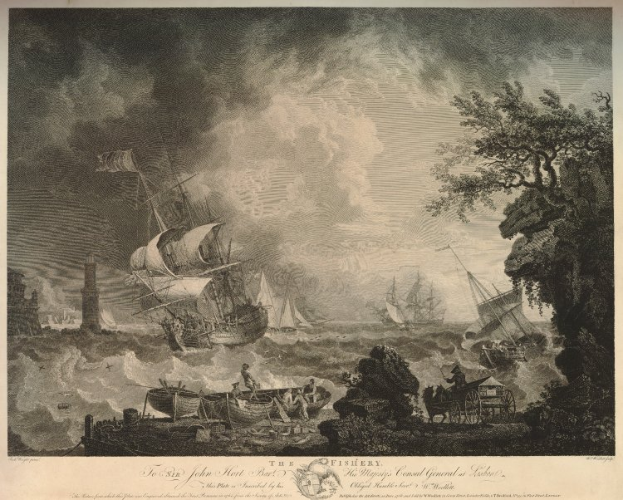 Eine Schwarzweiß-Radierung eines Schiffs auf dem Meer, umgeben von Bäumen und anderen Gegenständen, mit der Inschrift 'Die Fischerei von John Hart Bay' unten.