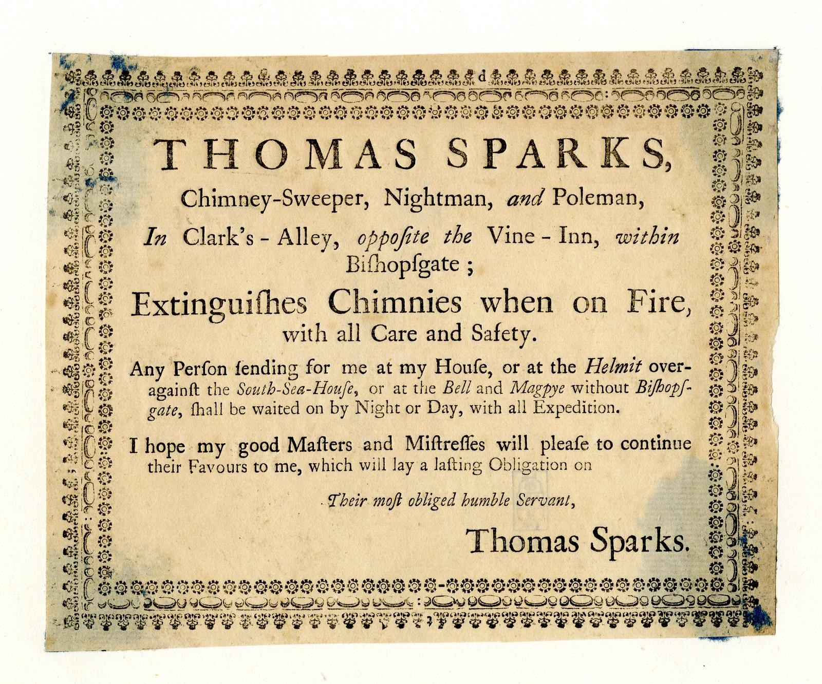 Papier mit gedrucktem Text, der die Schornsteinfegerdienste von Thomas Sparks ankündigt, einschließlich Feuerlöschung, befindet sich in Clark's Alley gegenüber dem Vine-Inn in Bishopsgate.