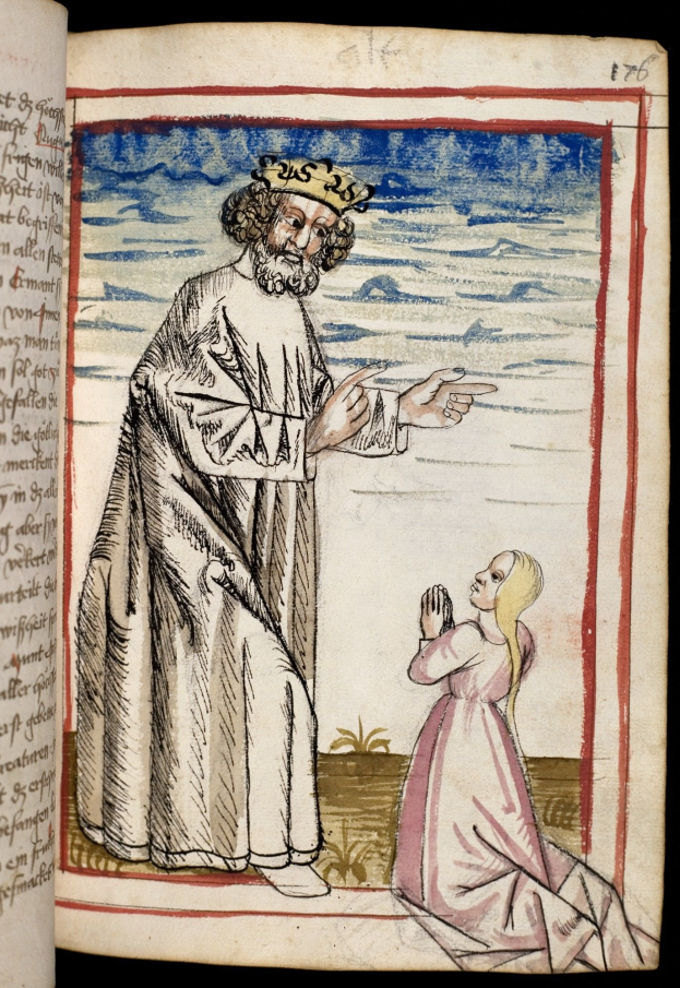 Ein aufgeschlagenes Buch mit einer Zeichnung eines gekrönten Mannes in einem langen Gewand und einer Frau mit gefalteten Händen vor einem textgefüllten Hintergrund, was eine religiöse Szenerie suggeriert.