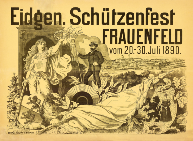 Altes Plakat für das Eidgen Schützenfest in Frauenfeld, Deutschland, mit einem Mann in einem Anzug und einer Frau in einem Kleid nebeneinanderstehend und Ereignisdetails im Text.
