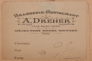 Ein altes Buch mit einer Zeichnung eines Brasserie-Restaurants und Text, der seine Angebote beschreibt.