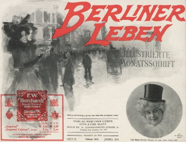 Schwarzes- und-weißes Werbeplakat für das Berliner Leben Theater mit einer Frau in einem Zylinder und einem Mann in einem Anzug, Text, einem Stempel, einigen Menschen und Gebäuden im Hintergrund.