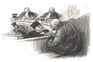 Eine Schwarz-Weiß-Zeichnung einer Gruppe von Menschen, wahrscheinlich Anwälte, die um einen Tisch in einem Gerichtssaal sitzen, mit verschiedenen Gegenständen darauf und Text unten.