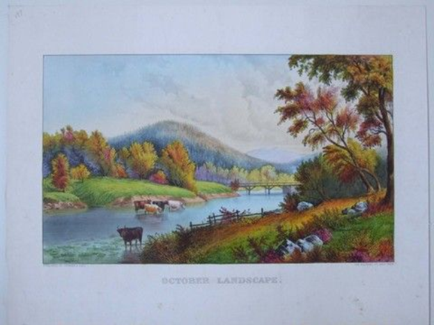 Ein Bild namens 'Oktobertischlandschaft' von William KÜNSTLER, das Kühe beim Grasen in einem Feld neben einem Fluss zeigt, umgeben von Bäumen, Hügeln und einer Brücke, mit Text unten.