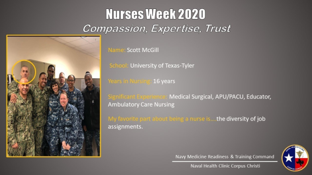 Gruppe von Menschen, die auf der linken Seite lächeln, mit dem Text "Schwesternwoche 2020: Mitgefühl, Expertise, Vertrauen" und einem Logo auf der rechten Seite.