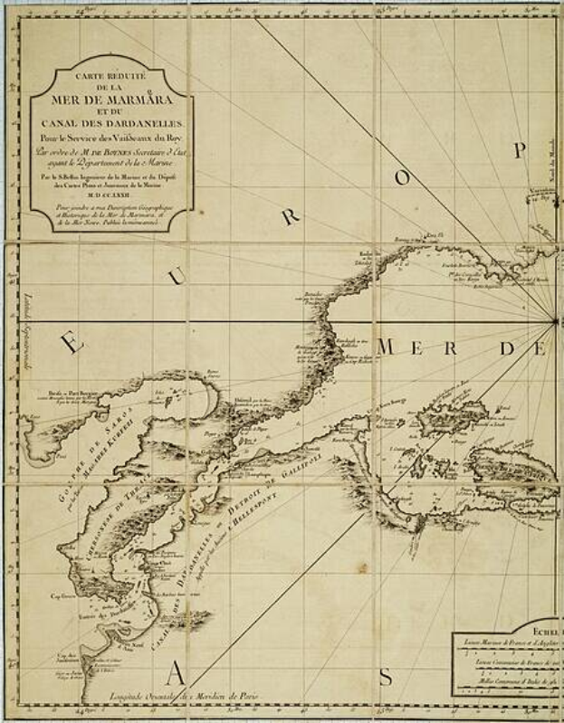 Ein Blatt mit einer detaillierten Karte der Britischen Jungferninseln und des Golfs von Mexiko, das als "carte réduite de la mer de marmara" beschriftet ist, mit zusätzlichem Text darauf.