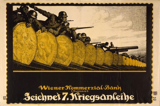 Deutsches Propagandaplakat aus dem Zweiten Weltkrieg, das Soldaten in Helmen mit Waffen zeigt und den Text 'Wiener Kommmerzial Bank' am unteren Rand trägt.