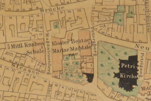 Ein detaillierter alter Stadtplan von Petri-Kirche, Deutschland, der Straßen, Gebäude und Sehenswürdigkeiten mit begleitendem Text zeigt.