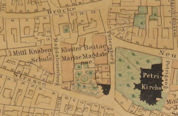 Ein detaillierter alter Stadtplan von Petri-Kirche, Deutschland, der Straßen, Gebäude und Sehenswürdigkeiten mit begleitendem Text zeigt.