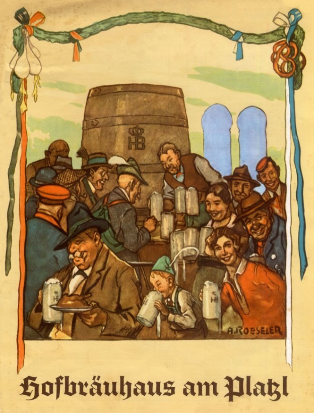 Plakat für ein Bierfest in Deutschland mit Menschen, die Biergläser halten und einen Fass im Hintergrund, mit deutschem Text unten.