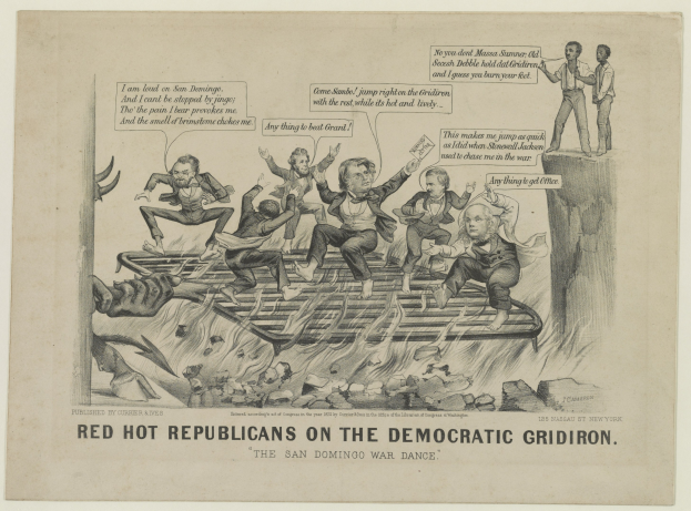 Ein politisches Cartoon, das rote Figuren auf einem blauen Gridiron zeigt, mit verzerrten Gesichtern und erhobenen Armen, begleitet von fettem schwarzem Text.