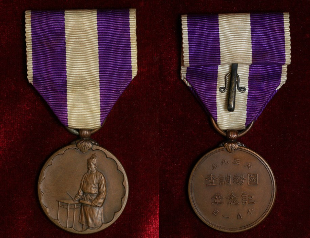 Zwei Medaillen mit lila und weißen Bändern, die mit eingravierter Schrift versehen sind, auf einer maronenfarbenen Oberfläche.