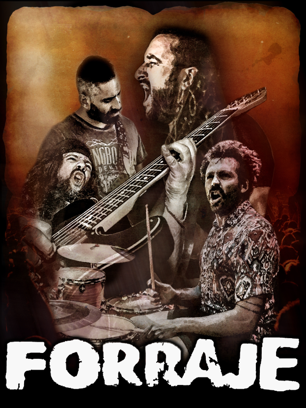 Ein Plakat mit drei Männern in Schwarz-Weiß-Kleidung, die eine Gitarre, ein Schlagzeug und ein Keyboard spielen, mit dem Text "Forraje - The Best of Forrajé" unten, vor einem hellgelben Hintergrund mit schwarzem Rand.