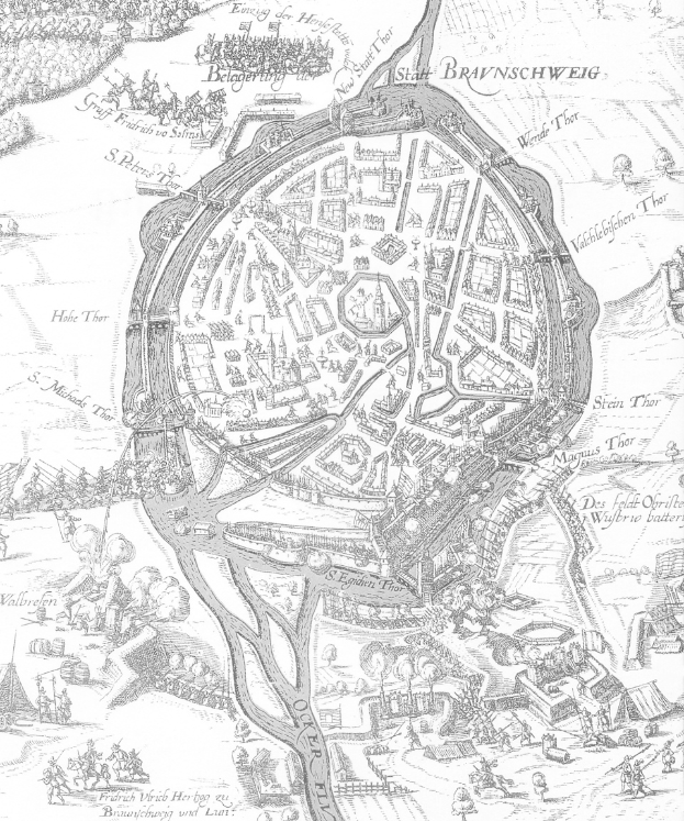 Eine Schwarz-Weiß-Karte von Braunschweig, Deutschland, mit Straßen, Gebäuden und anderen Merkmalen.