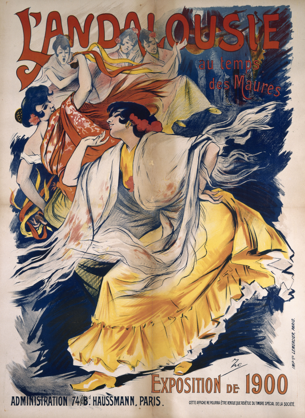 Ein Plakat, das die Landalousie-Ausstellung auf der Weltausstellung Paris 1900 ankündigt, zeigt eine Frau in einem gelben Kleid sowie weitere Personen und Text.