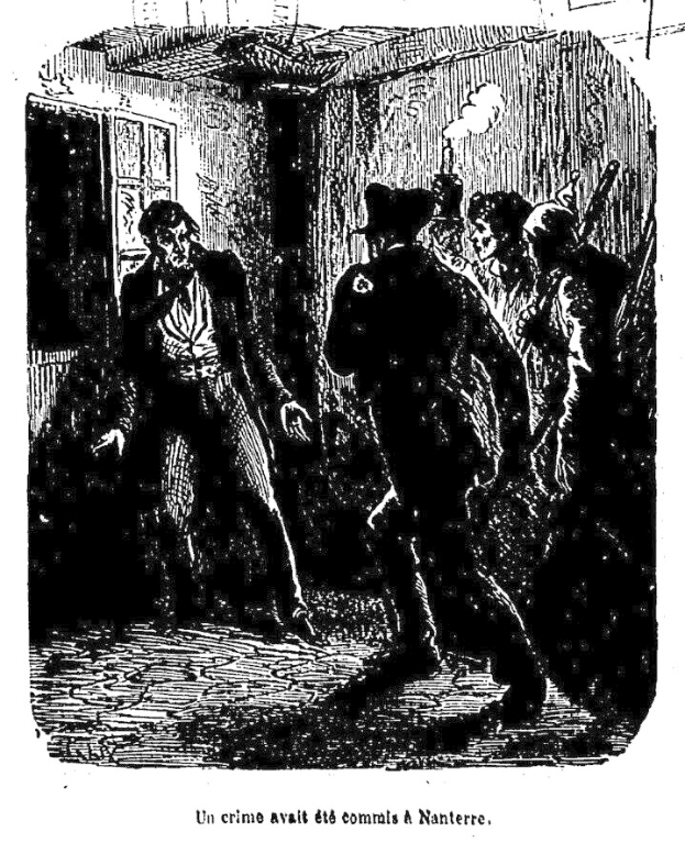 Eine Schwarz-Weiß-Illustration eines Mannes in Anzug und Hut, der von einem Polizeibeamten eskortiert wird, mit einer Wand und einer Tür im Hintergrund. Unten auf dem Bild steht der Text "Un crime avait été commis à nantes".