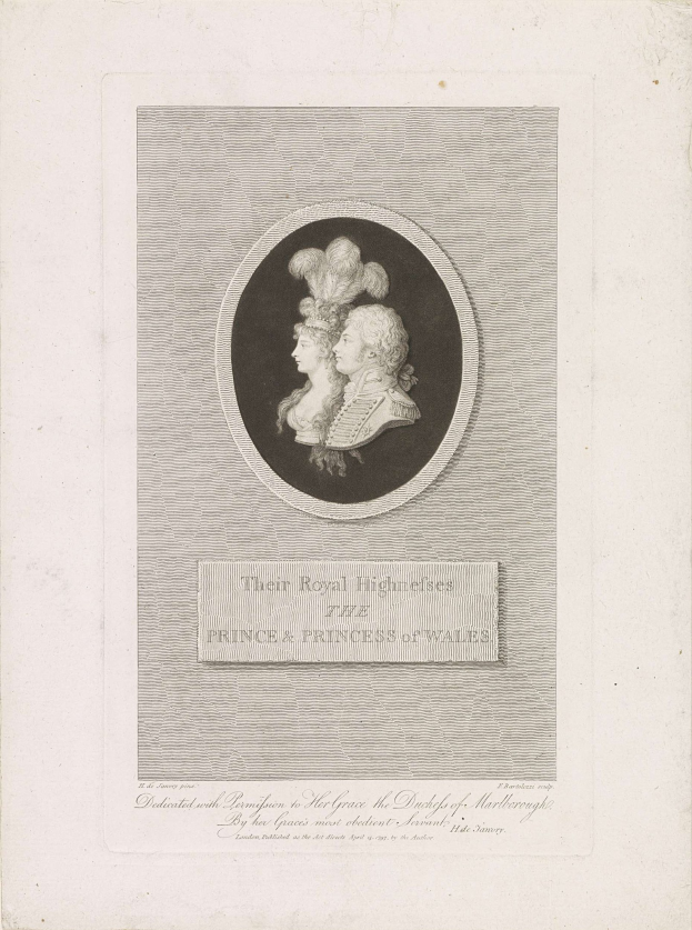 Schwarz-weiß-Bild eines Papiers mit einem Foto des Prinzen und der Prinzessin von Wales neben handgeschriebener Text.