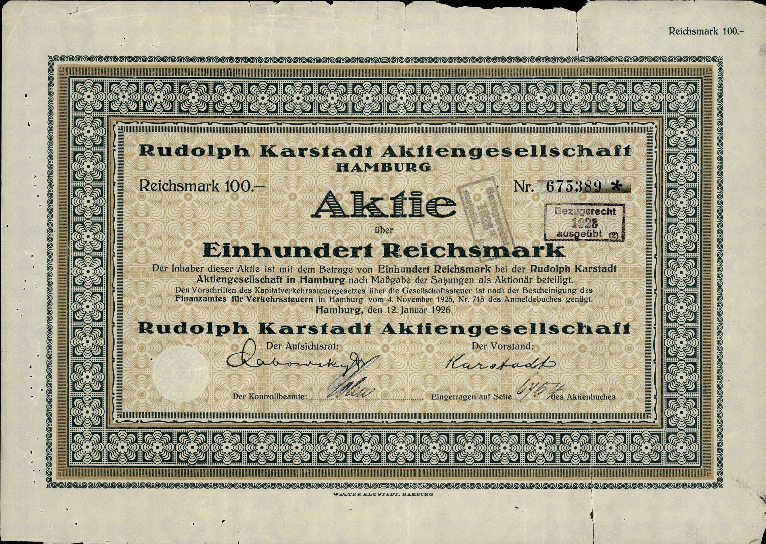 Alte deutsche Banknote mit schwarzem Hintergrund, Text lautet "Rudolph Karlstadt Aktiengesellschaft Hamburg".