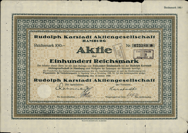 Alte deutsche Banknote mit schwarzem Hintergrund, Text lautet "Rudolph Karlstadt Aktiengesellschaft Hamburg".