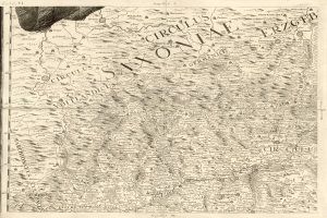 Ein detailliertes altes Kartenmaterial von Sachsen, Deutschland, das geographische Merkmale wie Flüsse, Berge und Städte zeigt, mit begleitendem Text, der zusätzliche Informationen über die Region und ihre Bewohner liefert.