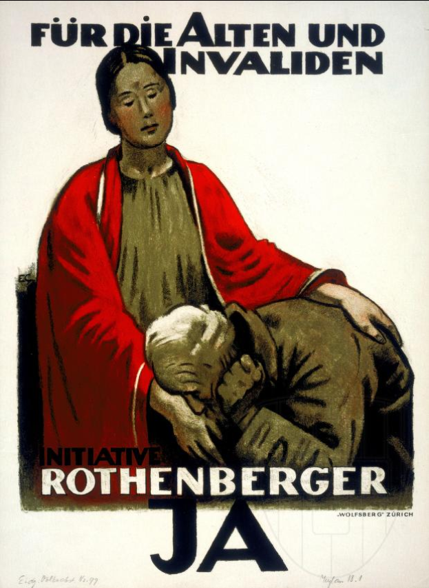 Eine Frau mit einem Baby, mit deutschem Propagandaplakat-Text über die Initiative Rothenberger JA.