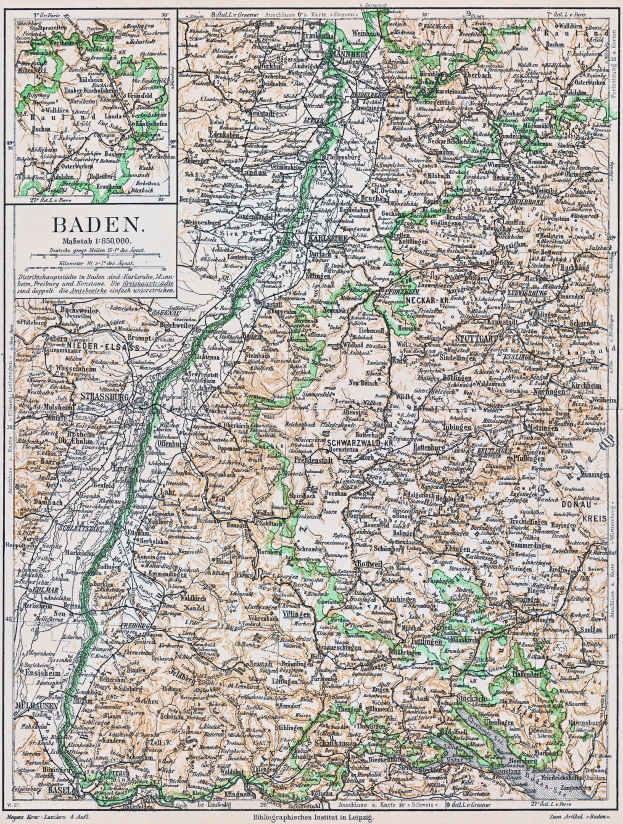 Ein detailliertes altes Kartenbild von Baden-Württemberg, Deutschland, mit Text oben und unten, das Straßen, Städte und geografische Merkmale zeigt.